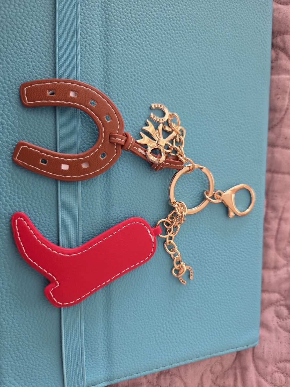 Leather Horseshoe & Boot Charm Keychain - Red and Brown